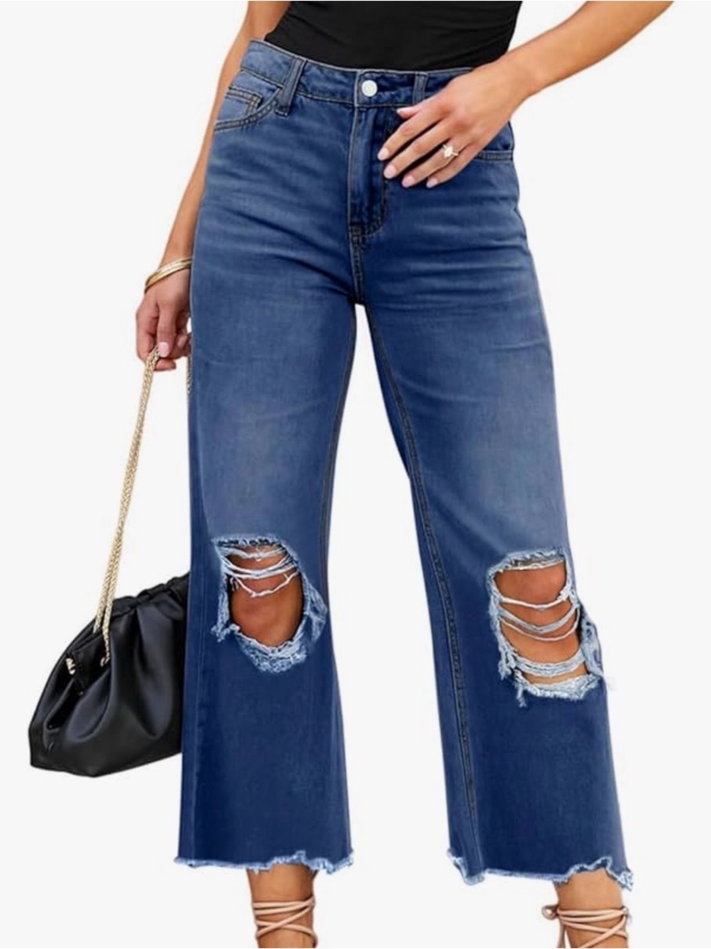 High-Rise Distressed Wide Leg Jeans - Blue